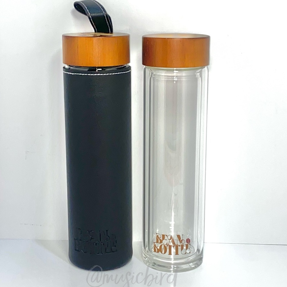 Black Leather Sleeve Double Wall Insulated Hot Coffee Cold Brew Water Bottle NIB